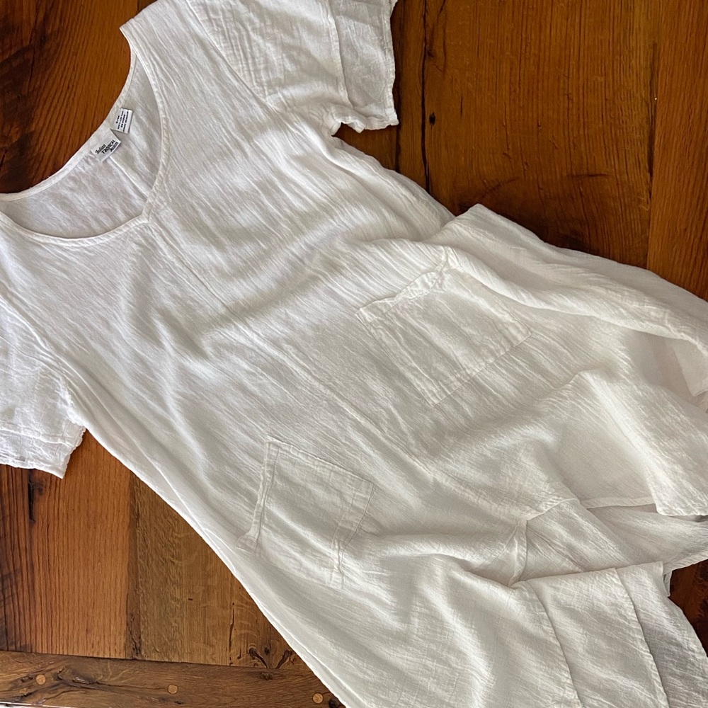 Indian Tropical Fashion Beautiful White Tunic, Pockets, Handkerchief Hem, Sz S/M